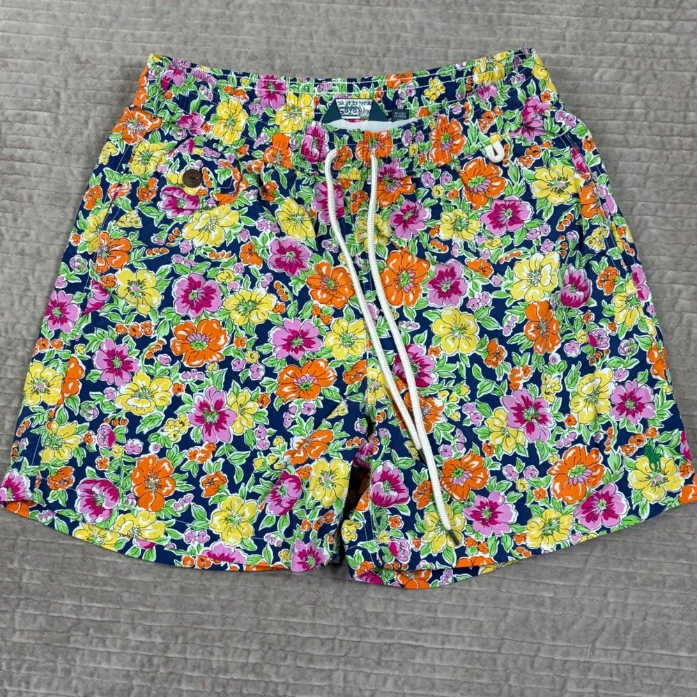 Polo Ralph Lauren Mens Floral Swim Trunks Navy Blue Orange Pink Medium 5